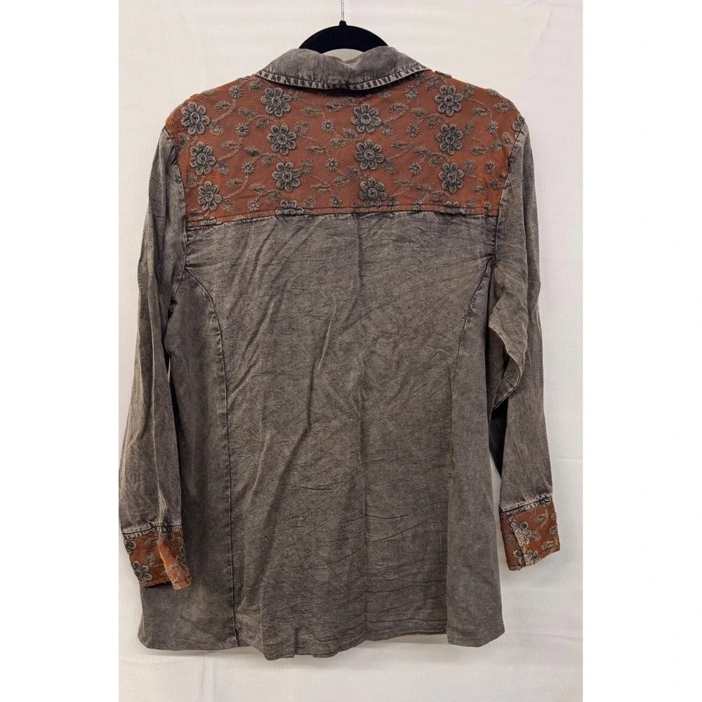 Women’s Boho Patchwork Button Front Shirt XL Velvet Artsy Parsley‎ & Sage - Picture 6 of 10